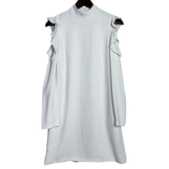 Wai Ming Dunn Cold Shoulder Ruffle Long Sleeve Shift Mini Dress Pockets 4 White - Picture 14 of 15